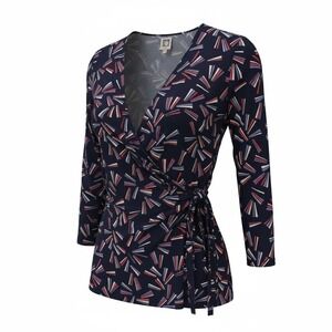 Anne Klein Women's Navy Blue Red White Geometric Print Long Sleeve Wrap Top XL